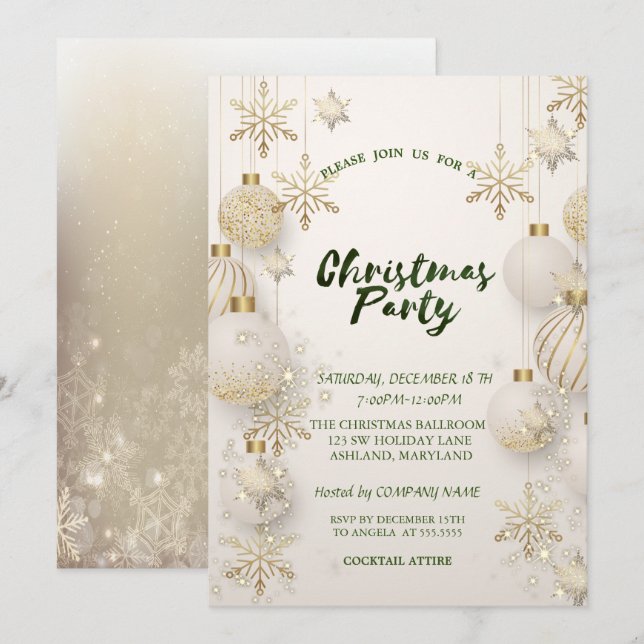 Invitation Chic Gold Snowflakes, Balls Christmas Company Part (Devant / Derrière)