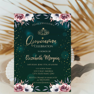 Invitation Chic Gold Tiara, Diamants, Rose Green Quinceañera