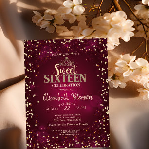 Invitation Chic Gold Tiara, Diamonds Burgundy Sweet 16 Party
