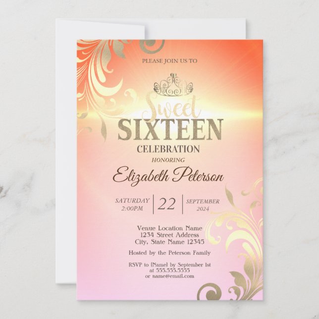 Invitation Chic Gold Tiara Diamonds Frotles Sweet 16 Partie (Devant)