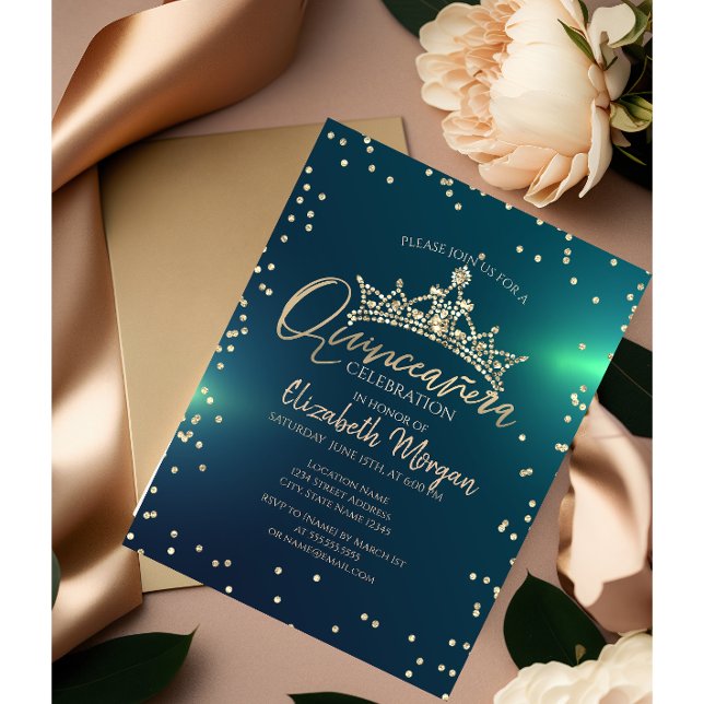 Invitation Chic Gold Tiara, Diamonds Green Quinceañera (Créateur téléchargé)