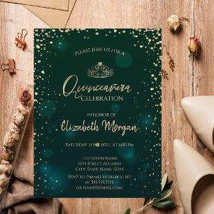 Invitation Chic Gold Tiara, Diamonds Green Quinceañera