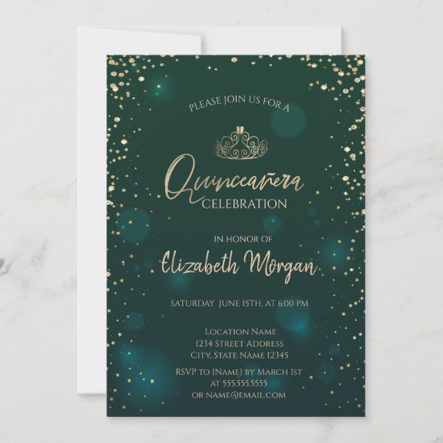 Invitation Chic Gold Tiara, Diamonds Green Quinceañera (Devant)