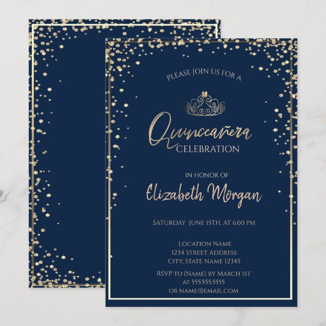 Invitation Chic Gold Tiara, Diamonds Quinceañera (Devant / Derrière)