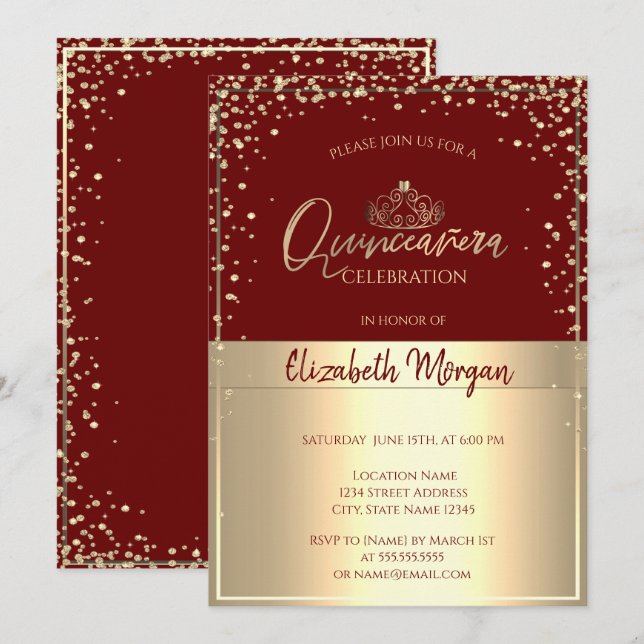 Invitation Chic Gold Tiara, Diamonds Red Quinceañera (Devant / Derrière)