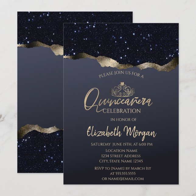 Invitation Chic Gold Tiara, Parties scintillant noire (Devant / Derrière)