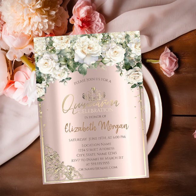 Invitation Chic Gold Tiara, Roses Blanches Diamonds Quinceañe (Créateur téléchargé)