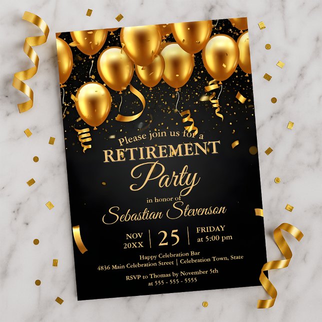 Invitation Chic Golden Balloons & Confetti Retirement Party  (Créateur téléchargé)