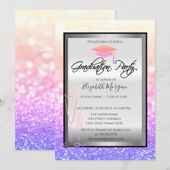 Invitation Chic Graduation Cap, Glass Ombre Bokeh Graduation (Devant / Derrière)