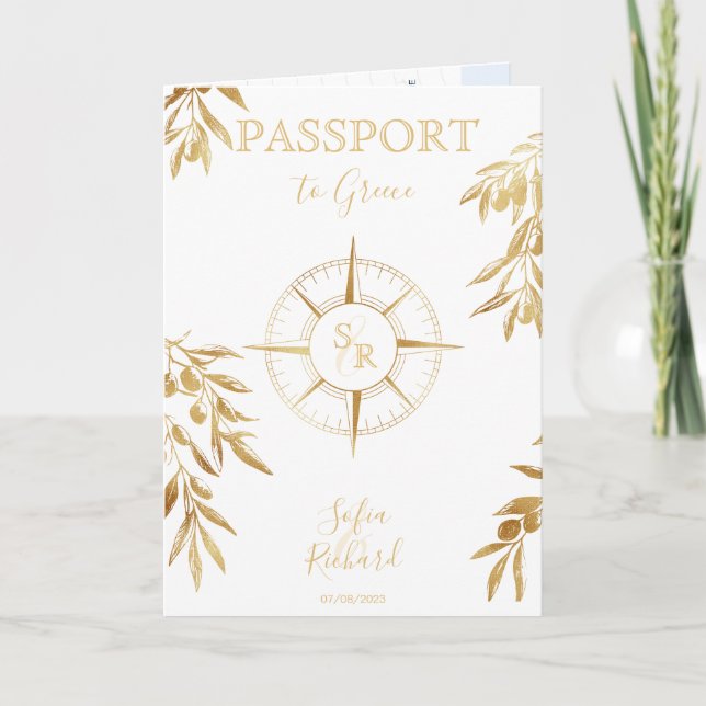 Invitation Chic Grèce Destination Mariage Passeport QR Code (Devant)