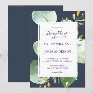 Invitation Chic Green Eucalyptus Marine Bleu Mariage botaniqu
