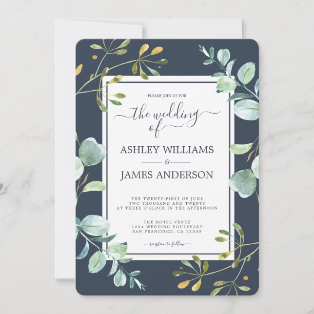 Invitation Chic Green Eucalyptus Marine Bleu Mariage botaniqu (Devant)