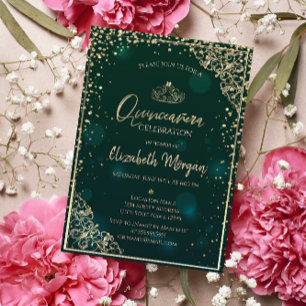 Invitation Chic Green Gold Tiara, Diamonds Quinceañera