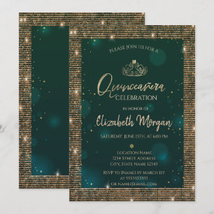Invitation Chic Green Gold Tiara, Séquins Green Quinceañera