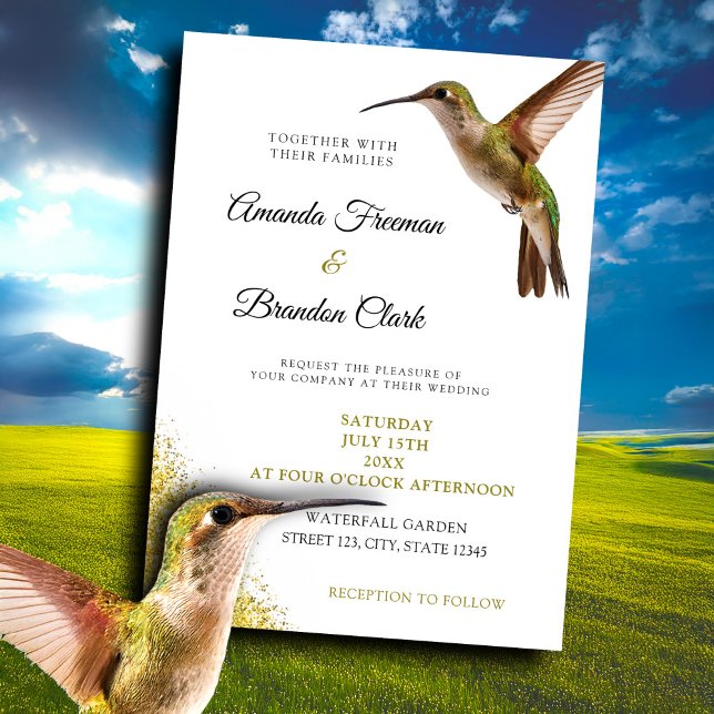 Invitation Chic Green Hummingbird et Gold Dust Mariage (Créateur téléchargé)