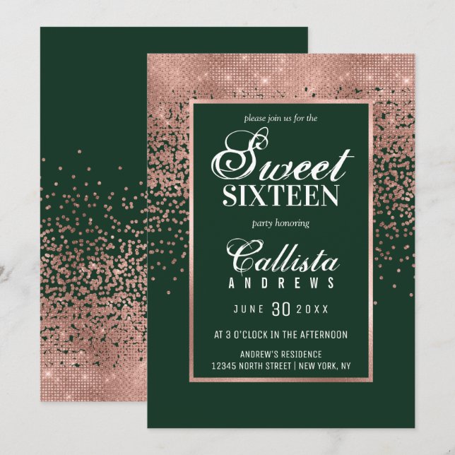 Invitation Chic Green Rose Parties scintillant or Confetti Sw (Devant / Derrière)