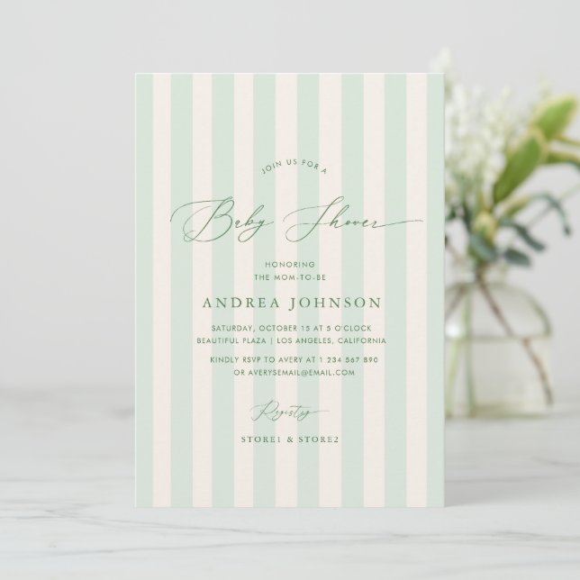 Invitation Chic Green Stripes Baby shower neutre pour les fem (Debout devant)