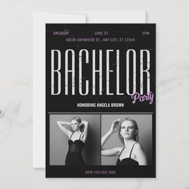 Invitation Chic grunge noir BACHELOR PARTI renaître (Devant)