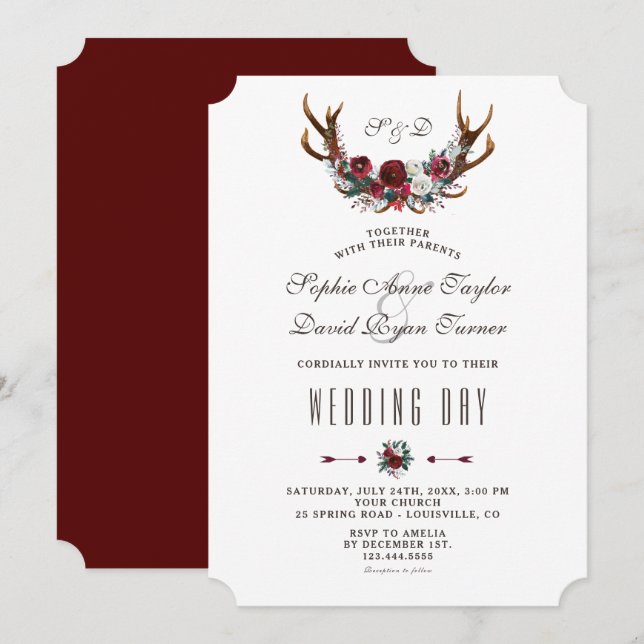 Invitation Chic Hiver Bourgogne Floral Antlers Gold Mariage (Devant / Derrière)