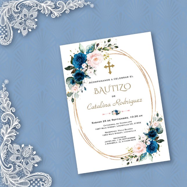 Invitation Chic Invitacion De Bautizo Gold Con Flores Baptême (Créateur téléchargé)