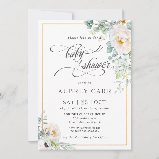 Invitation Chic ivoire Peony Rose Floral Baby shower de verdu (Devant)