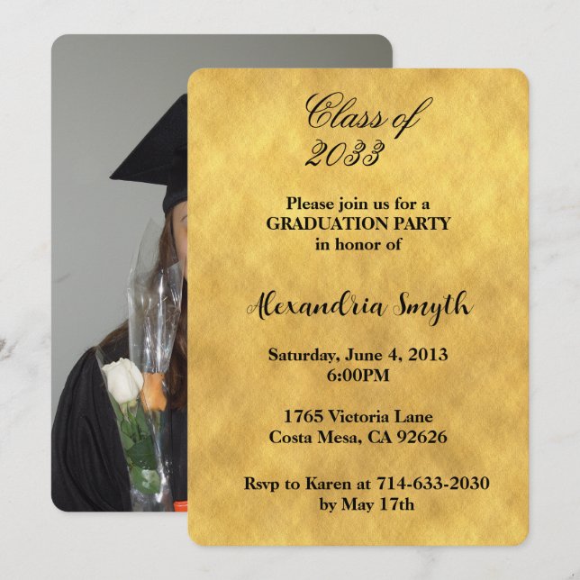 Invitation Chic Jaune Gold Graduation Votre Photo (Devant / Derrière)