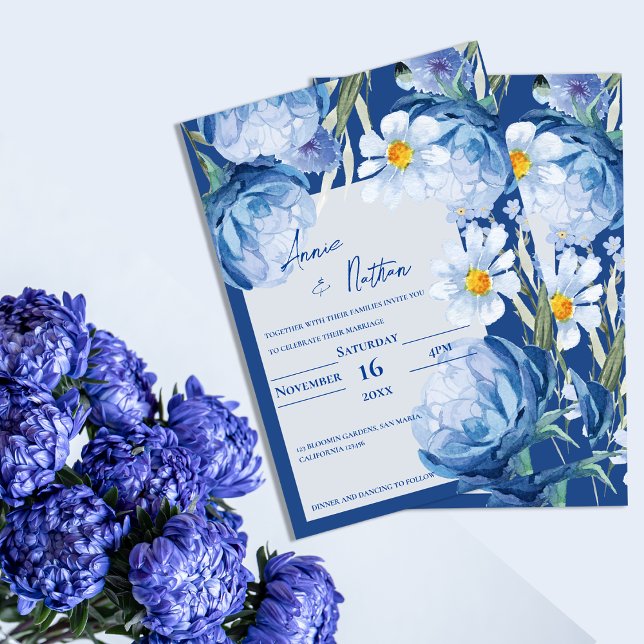 Invitation Chic Joli Fleurs Bleues Mariage Floral tendance (Chic Pretty Blue Flowers Trendy Floral Wedding Invitation)