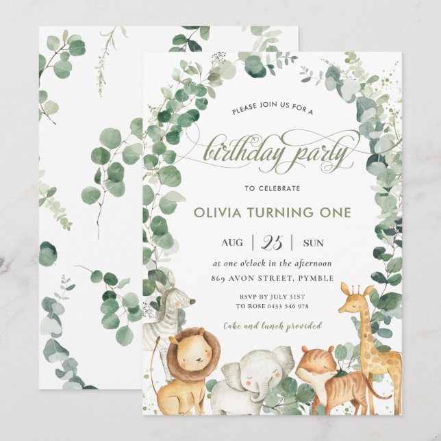 Invitation Chic Jungle Animaux Végétation 1er anniversaire Fê (Devant / Derrière)