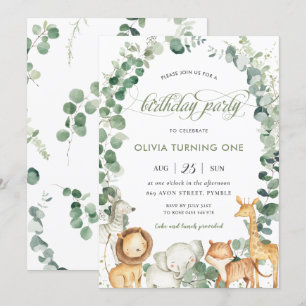 Invitation Chic Jungle Animaux Végétation 1er Anniversaire Fê