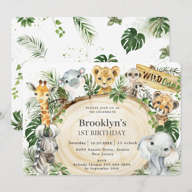 Invitation Chic Jungle Animaux Végétation Sauvage Un 1er Anni (Devant / Derrière)