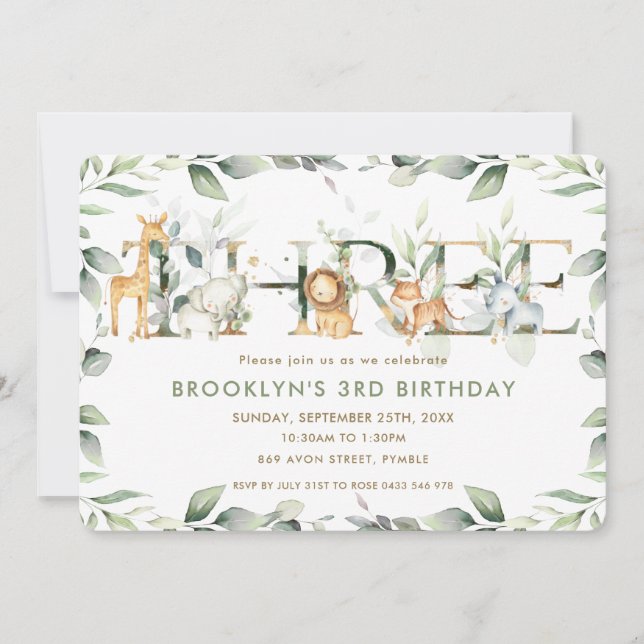 Invitation Chic Jungle Animaux Verdure 3e anniversaire Trois (Devant)