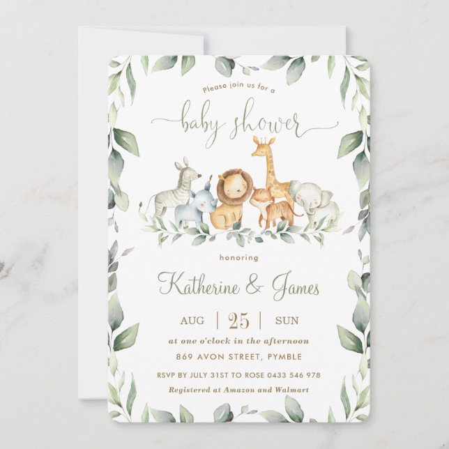 Invitation Chic Jungle Animaux Verdure Baby shower Neutre (Devant)