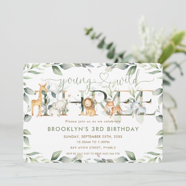 Invitation Chic Jungle Animaux Verdure sauvage 3e anniversair (Debout devant)