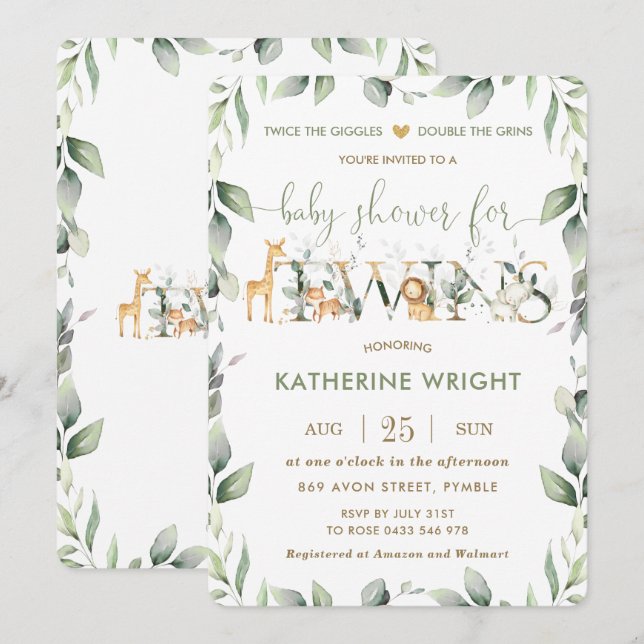 Invitation Chic Jungle Animaux Verdure Twins Baby shower (Devant / Derrière)