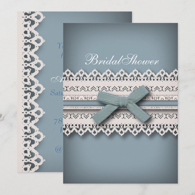 Invitation Chic Lace Cute Bow quelque chose de bleu nuptiale  (Devant / Derrière)