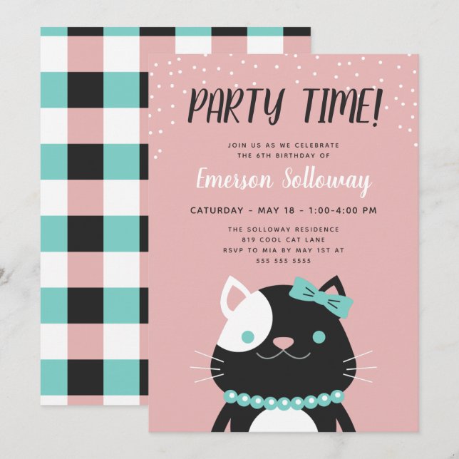 Invitation Chic Lady Chat Pink Anniversaire de enfant Party (Devant / Derrière)