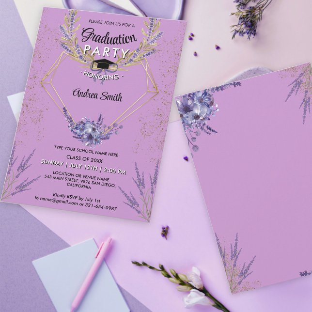 Invitation Chic Lavender Floral Gold Parties scintillant Part (Créateur téléchargé)