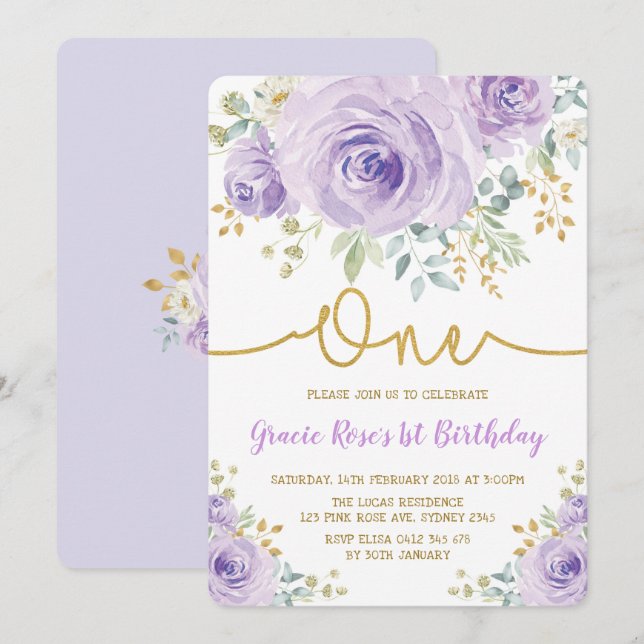 Invitation Chic Lavender Floral Rose Fille 1er Anniversaire (Devant / Derrière)
