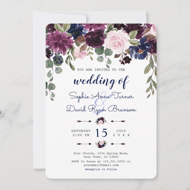 Invitation Chic Lavender Marine Bleu Floral Mariage (Devant)