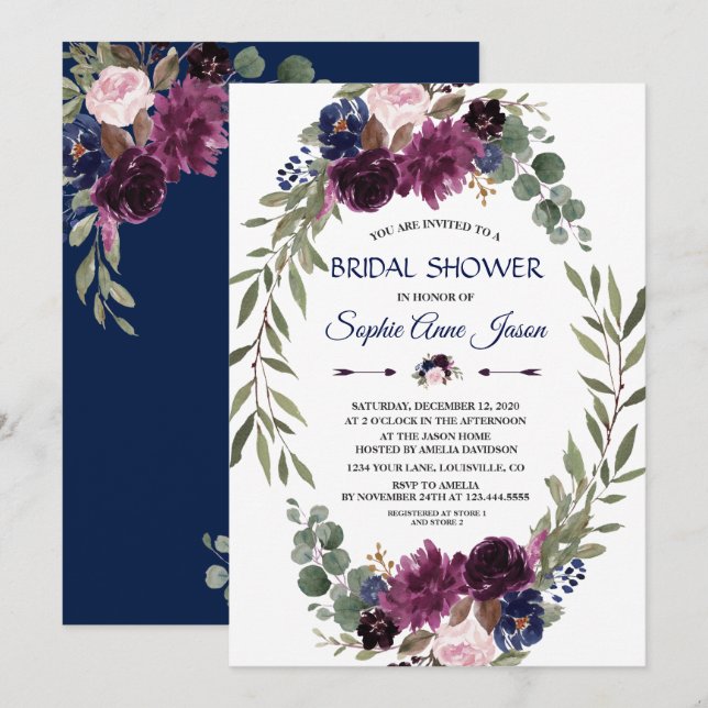 Invitation Chic Lavender Navy Blue Floral Fête des mariées (Devant / Derrière)