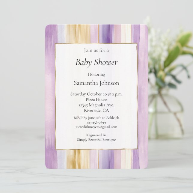 Invitation Chic Lavender Purple Gold Stripes Baby Shower (Debout devant)