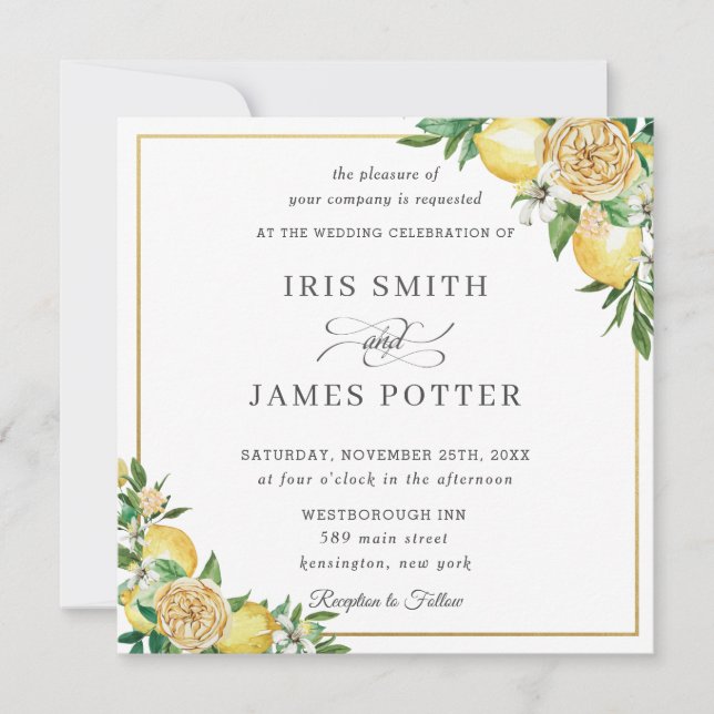 Invitation Chic Lemon Floral Greenery Mariage or Carré (Devant)