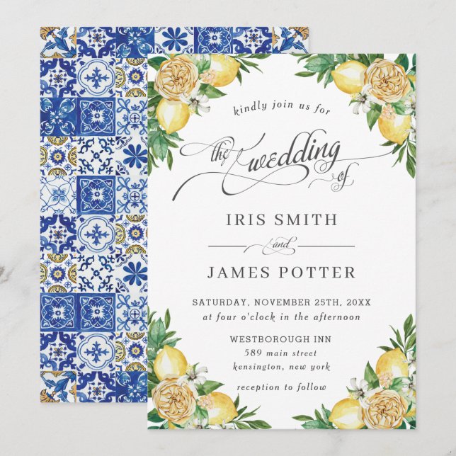 Invitation Chic Lemon Floral Verdure Mariage méditerranéen (Devant / Derrière)