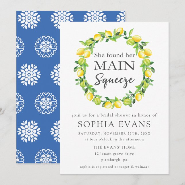 Invitation Chic Lemon Wreath Main Squeeze Fête de l'mariée (Devant / Derrière)