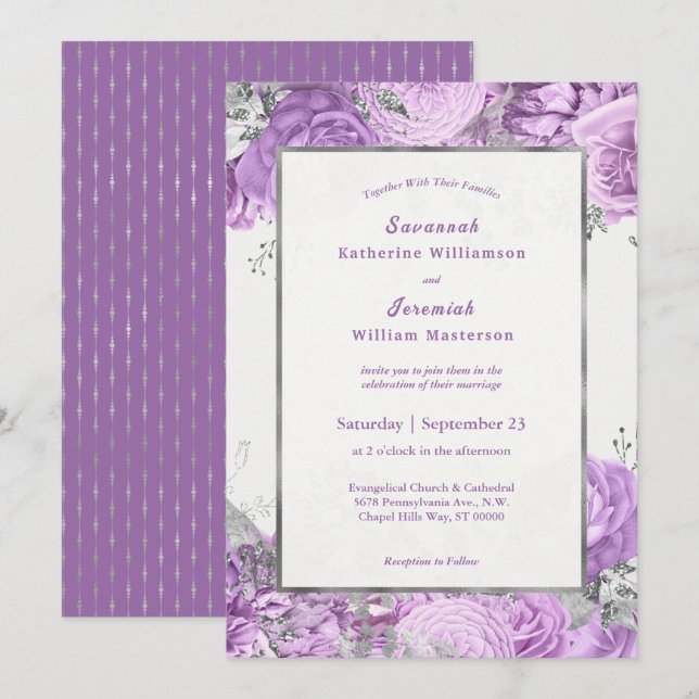 Invitation Chic Lilac Silver Floral Mariage personnalisable (Devant / Derrière)