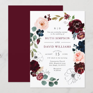 Invitation Chic Line Art Bourgogne Marine Floral Blossom Mari