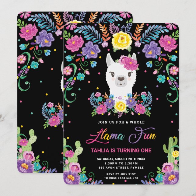 Invitation Chic Llama Fun Floral Mexicain 1er Anniversaire  (Devant / Derrière)