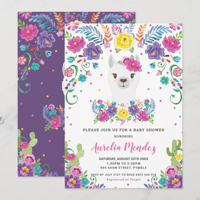 Invitation Chic Llama Mexicaine Floral Baby shower Girl (Devant / Derrière)
