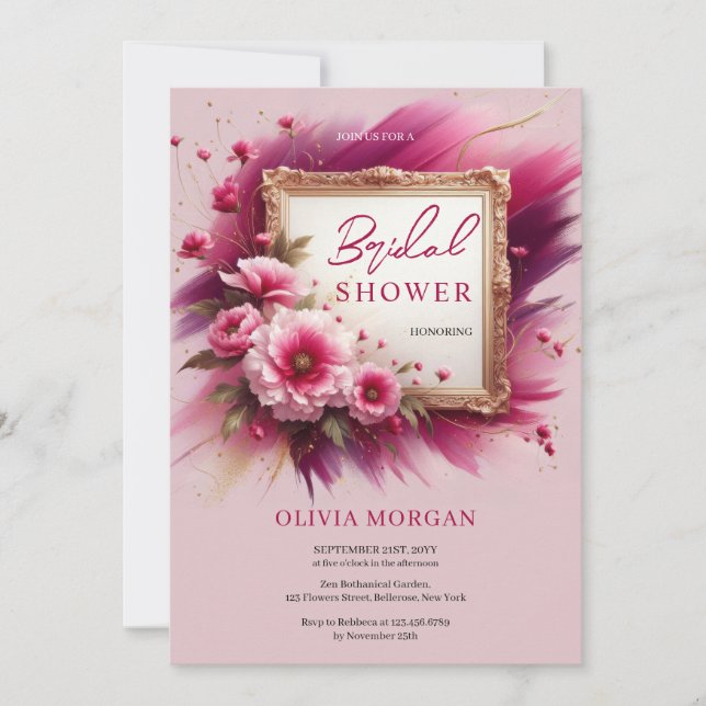 Invitation Chic magenta rose fleurs cadre or Bridal (Devant)