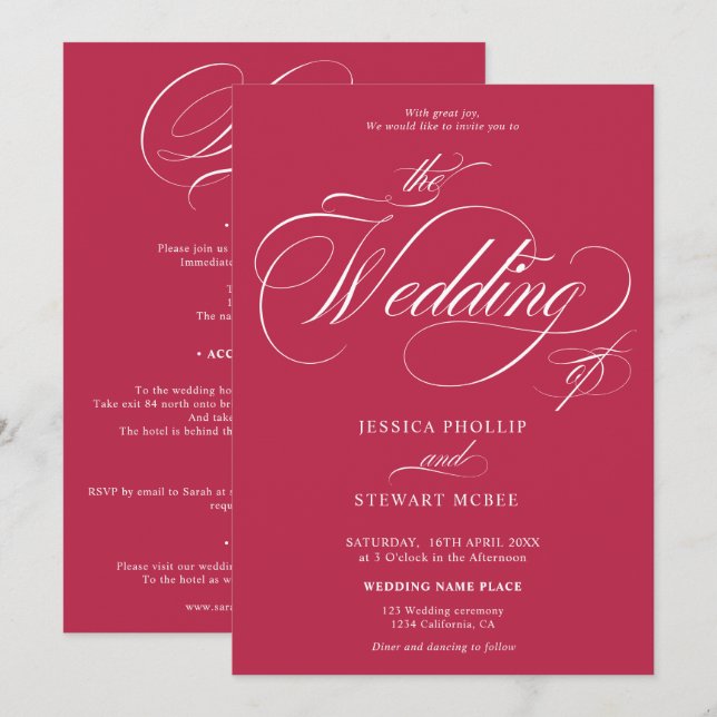 Invitation Chic magenta rose tout en un mariage de calligraph (Devant / Derrière)